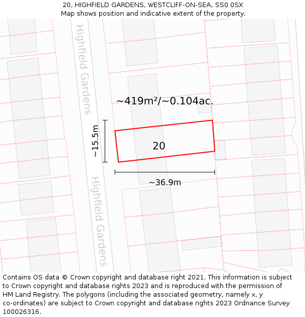 20, HIGHFIELD GARDENS, WESTCLIFF-ON-SEA, SS0 0SX: Plot and title map