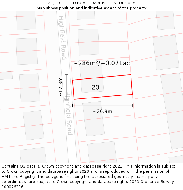 20, HIGHFIELD ROAD, DARLINGTON, DL3 0EA: Plot and title map