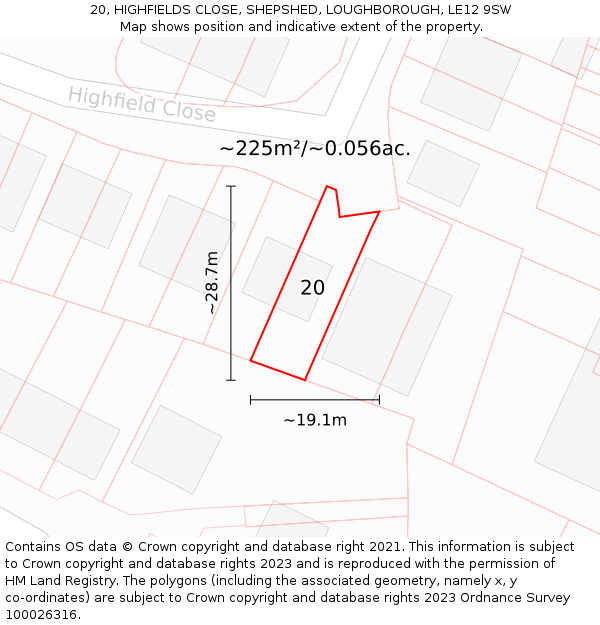 20, HIGHFIELDS CLOSE, SHEPSHED, LOUGHBOROUGH, LE12 9SW: Plot and title map