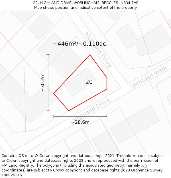 20, HIGHLAND DRIVE, WORLINGHAM, BECCLES, NR34 7AP: Plot and title map