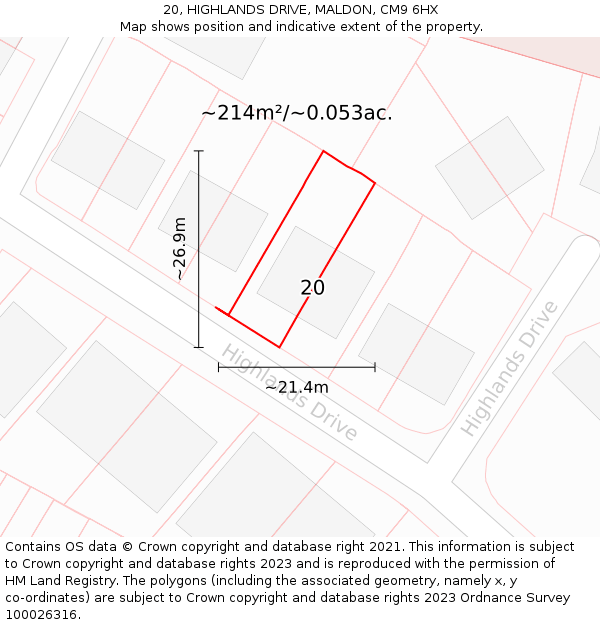20, HIGHLANDS DRIVE, MALDON, CM9 6HX: Plot and title map