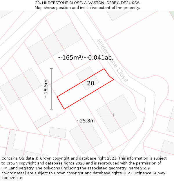 20, HILDERSTONE CLOSE, ALVASTON, DERBY, DE24 0SA: Plot and title map