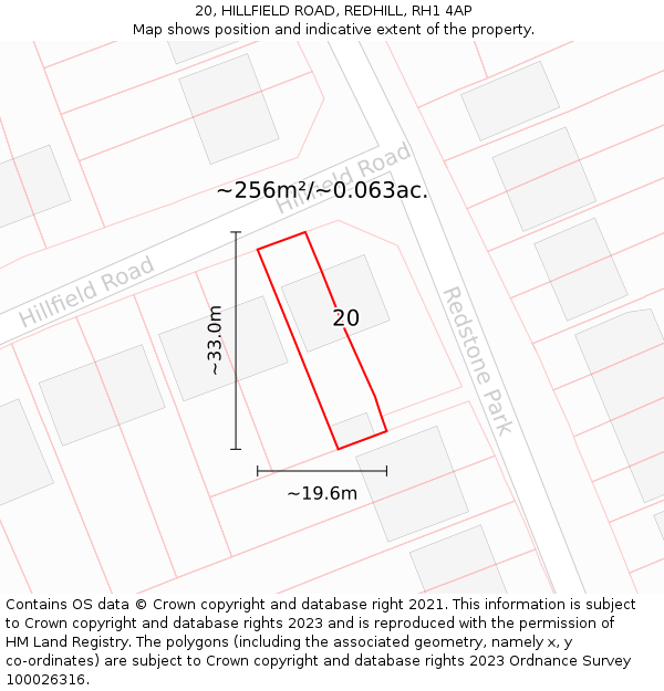 20, HILLFIELD ROAD, REDHILL, RH1 4AP: Plot and title map