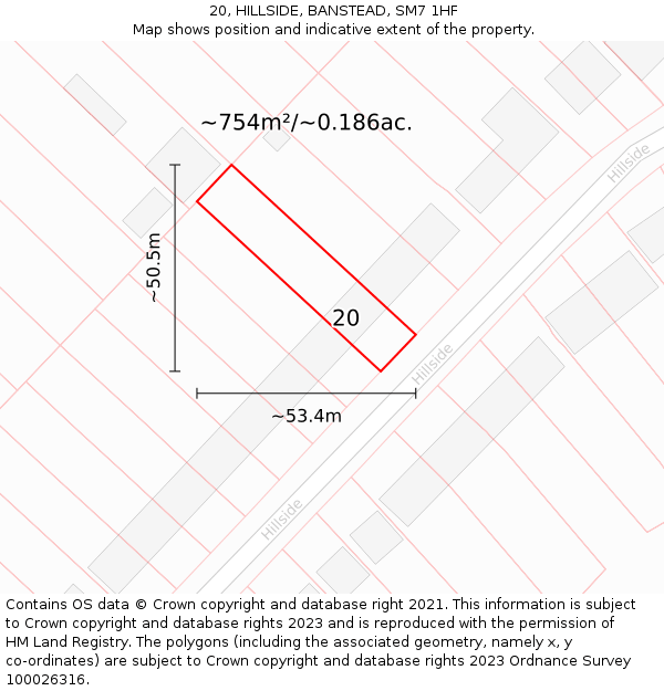 20, HILLSIDE, BANSTEAD, SM7 1HF: Plot and title map