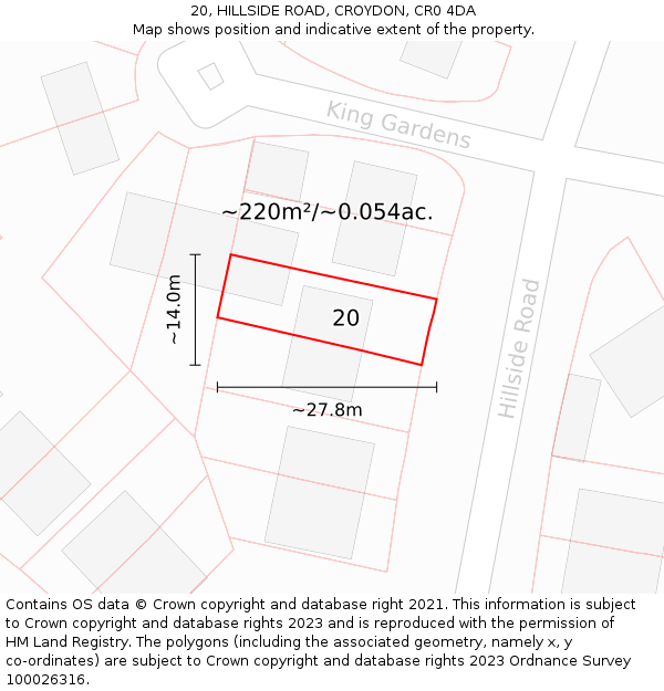 20, HILLSIDE ROAD, CROYDON, CR0 4DA: Plot and title map