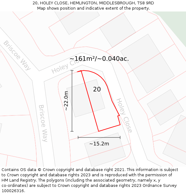 20, HOLEY CLOSE, HEMLINGTON, MIDDLESBROUGH, TS8 9RD: Plot and title map
