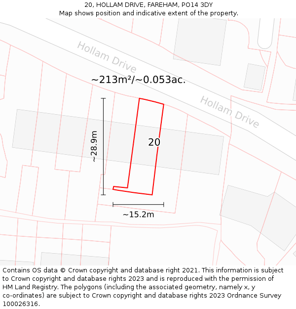 20, HOLLAM DRIVE, FAREHAM, PO14 3DY: Plot and title map
