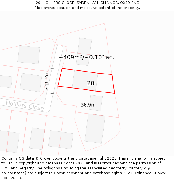 20, HOLLIERS CLOSE, SYDENHAM, CHINNOR, OX39 4NG: Plot and title map