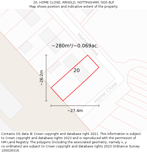 20, HOME CLOSE, ARNOLD, NOTTINGHAM, NG5 8LP: Plot and title map