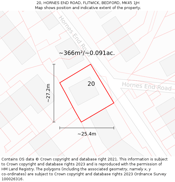 20, HORNES END ROAD, FLITWICK, BEDFORD, MK45 1JH: Plot and title map