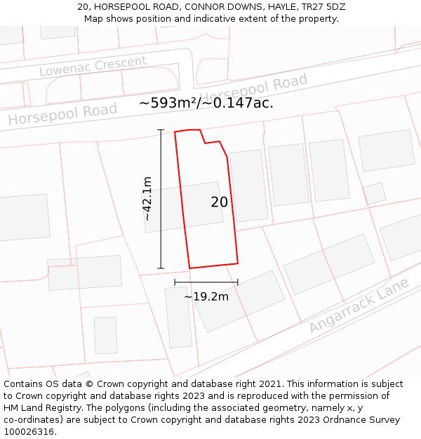 20, HORSEPOOL ROAD, CONNOR DOWNS, HAYLE, TR27 5DZ: Plot and title map