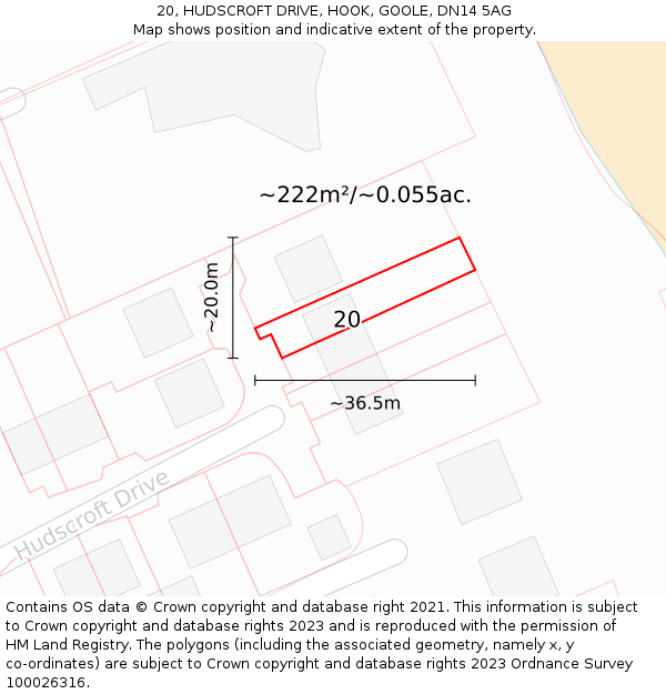 20, HUDSCROFT DRIVE, HOOK, GOOLE, DN14 5AG: Plot and title map