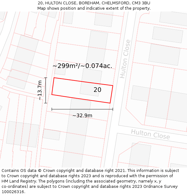 20, HULTON CLOSE, BOREHAM, CHELMSFORD, CM3 3BU: Plot and title map