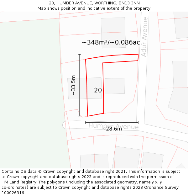 20, HUMBER AVENUE, WORTHING, BN13 3NN: Plot and title map