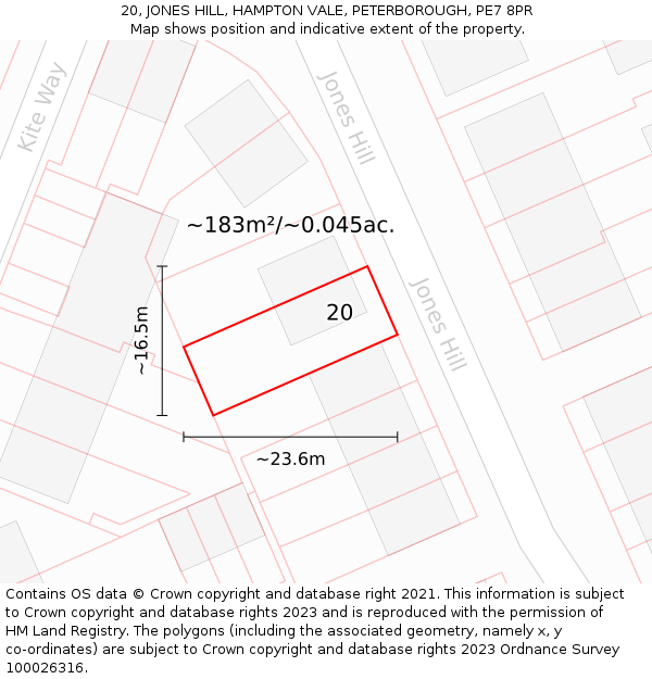 20, JONES HILL, HAMPTON VALE, PETERBOROUGH, PE7 8PR: Plot and title map