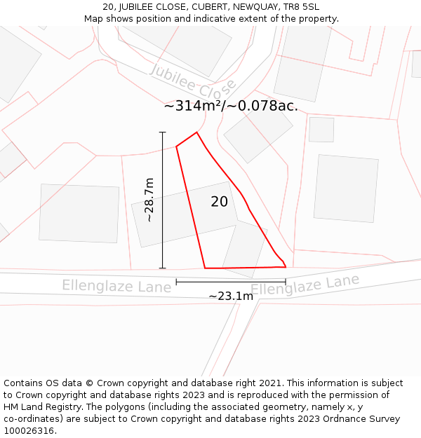 20, JUBILEE CLOSE, CUBERT, NEWQUAY, TR8 5SL: Plot and title map