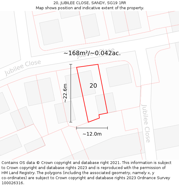 20, JUBILEE CLOSE, SANDY, SG19 1RR: Plot and title map