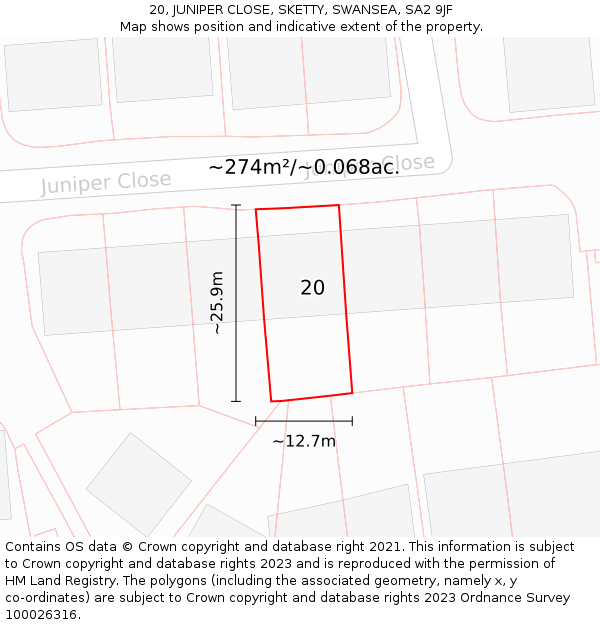 20, JUNIPER CLOSE, SKETTY, SWANSEA, SA2 9JF: Plot and title map