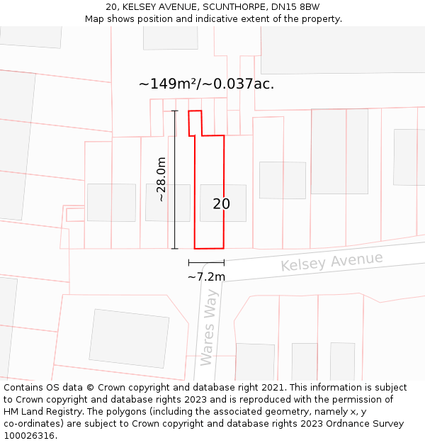 20, KELSEY AVENUE, SCUNTHORPE, DN15 8BW: Plot and title map