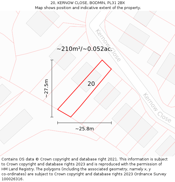 20, KERNOW CLOSE, BODMIN, PL31 2BX: Plot and title map
