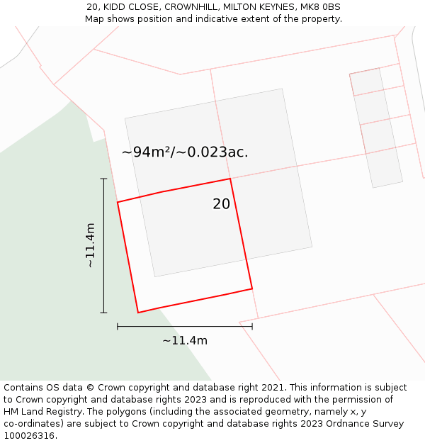 20, KIDD CLOSE, CROWNHILL, MILTON KEYNES, MK8 0BS: Plot and title map