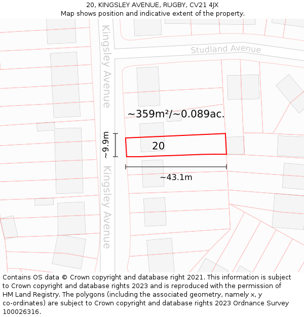 20, KINGSLEY AVENUE, RUGBY, CV21 4JX: Plot and title map