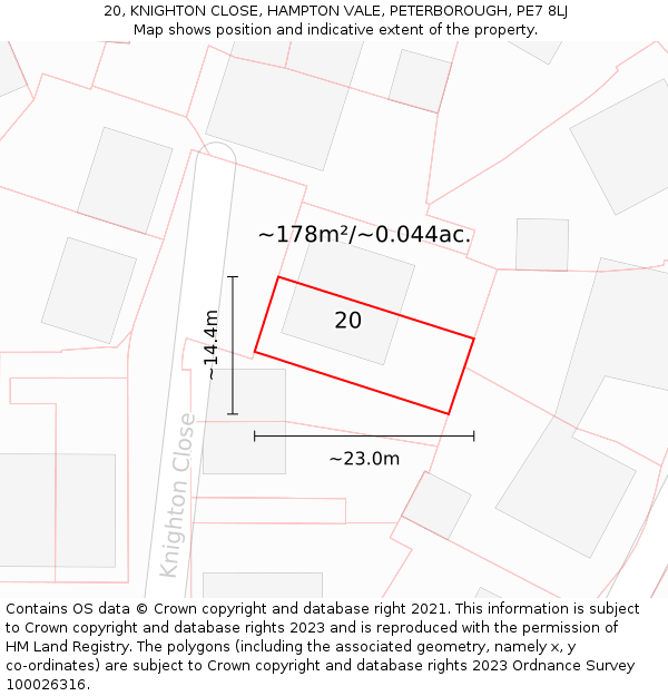 20, KNIGHTON CLOSE, HAMPTON VALE, PETERBOROUGH, PE7 8LJ: Plot and title map