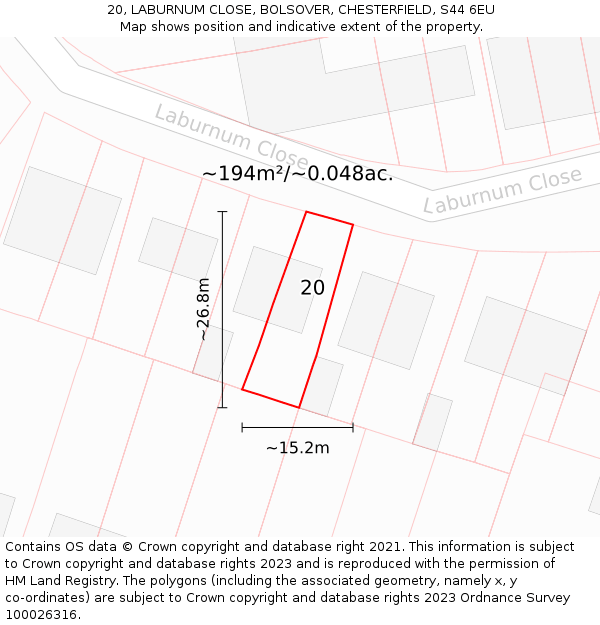 20, LABURNUM CLOSE, BOLSOVER, CHESTERFIELD, S44 6EU: Plot and title map