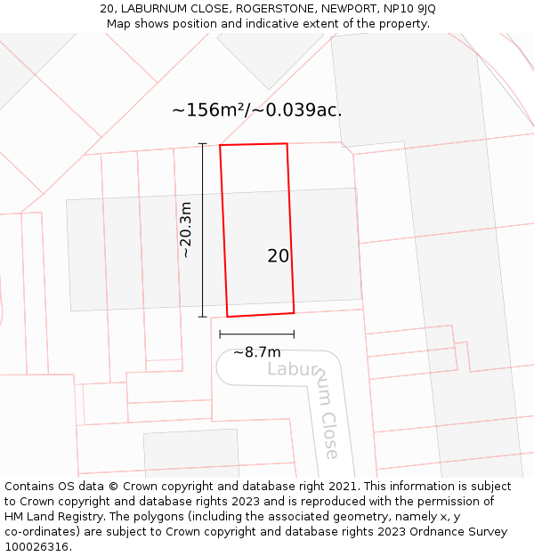 20, LABURNUM CLOSE, ROGERSTONE, NEWPORT, NP10 9JQ: Plot and title map