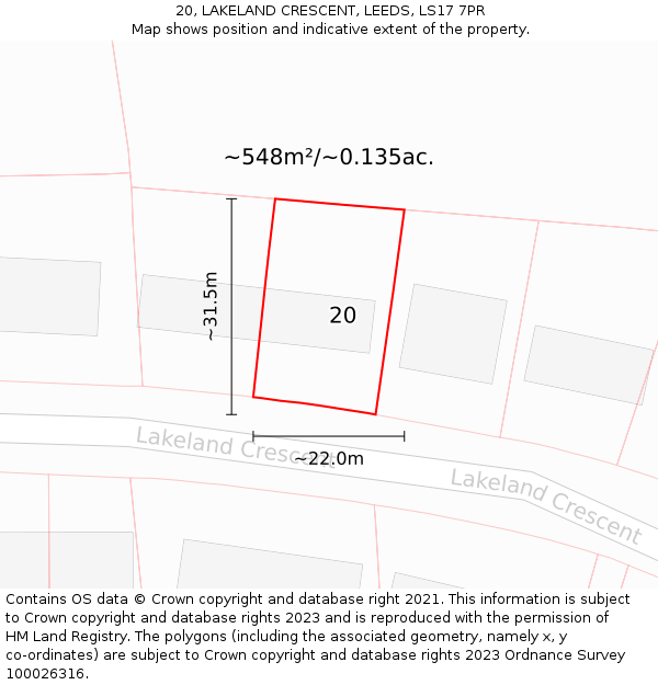 20, LAKELAND CRESCENT, LEEDS, LS17 7PR: Plot and title map
