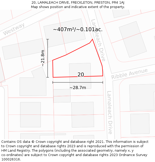 20, LAMALEACH DRIVE, FRECKLETON, PRESTON, PR4 1AJ: Plot and title map