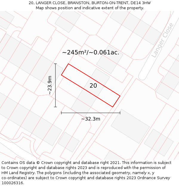 20, LANGER CLOSE, BRANSTON, BURTON-ON-TRENT, DE14 3HW: Plot and title map