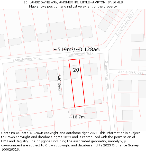 20, LANSDOWNE WAY, ANGMERING, LITTLEHAMPTON, BN16 4LB: Plot and title map