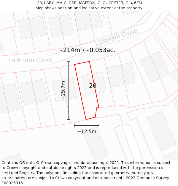 20, LARKHAM CLOSE, MATSON, GLOUCESTER, GL4 6EN: Plot and title map