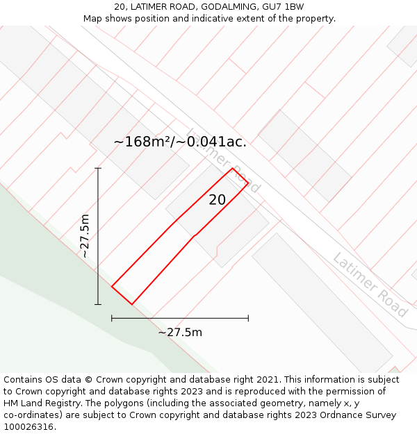 20, LATIMER ROAD, GODALMING, GU7 1BW: Plot and title map