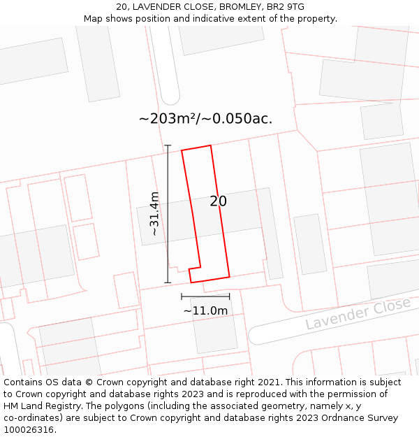 20, LAVENDER CLOSE, BROMLEY, BR2 9TG: Plot and title map
