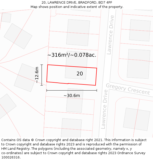 20, LAWRENCE DRIVE, BRADFORD, BD7 4PF: Plot and title map