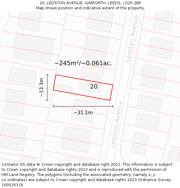 20, LEDSTON AVENUE, GARFORTH, LEEDS, LS25 2BP: Plot and title map