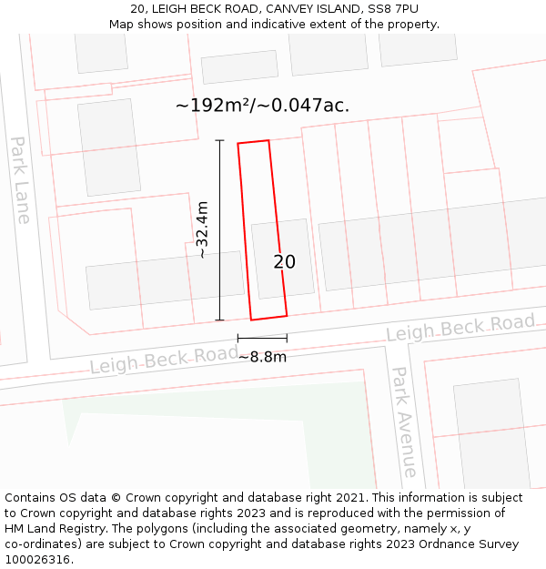 20, LEIGH BECK ROAD, CANVEY ISLAND, SS8 7PU: Plot and title map