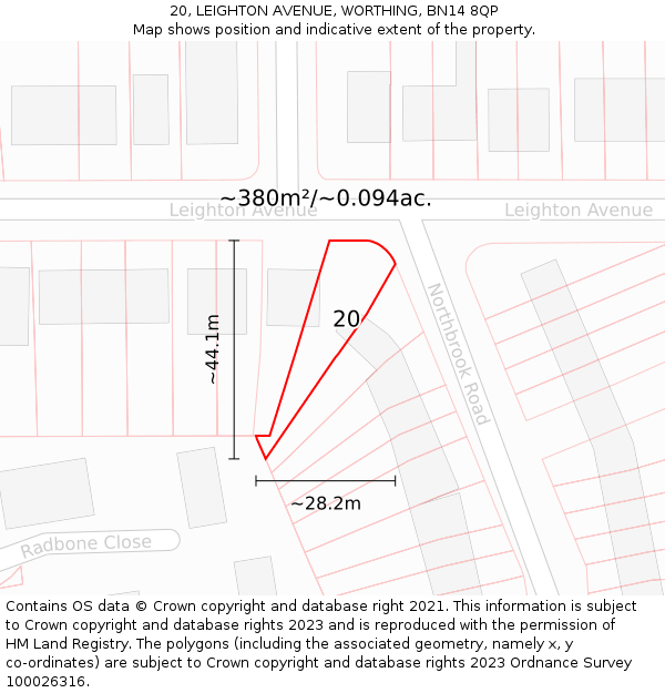 20, LEIGHTON AVENUE, WORTHING, BN14 8QP: Plot and title map
