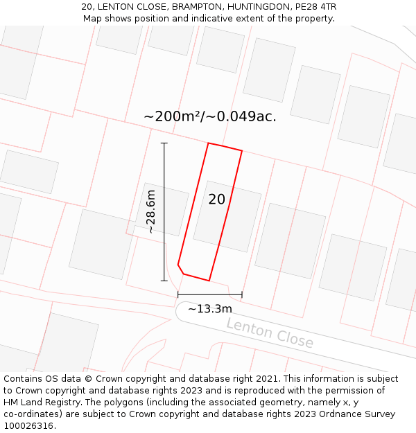 20, LENTON CLOSE, BRAMPTON, HUNTINGDON, PE28 4TR: Plot and title map