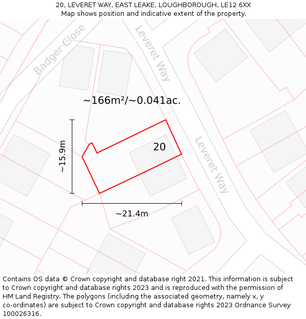 20, LEVERET WAY, EAST LEAKE, LOUGHBOROUGH, LE12 6XX: Plot and title map