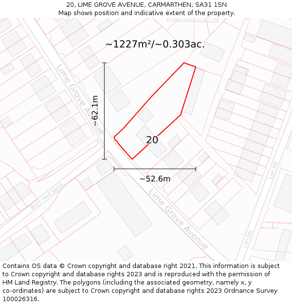 20, LIME GROVE AVENUE, CARMARTHEN, SA31 1SN: Plot and title map