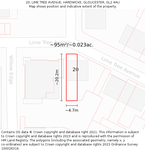 20, LIME TREE AVENUE, HARDWICKE, GLOUCESTER, GL2 4AU: Plot and title map
