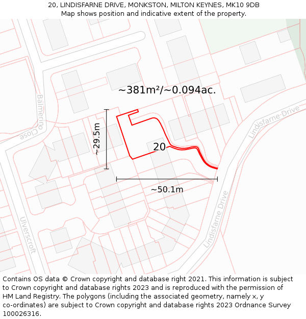 20, LINDISFARNE DRIVE, MONKSTON, MILTON KEYNES, MK10 9DB: Plot and title map