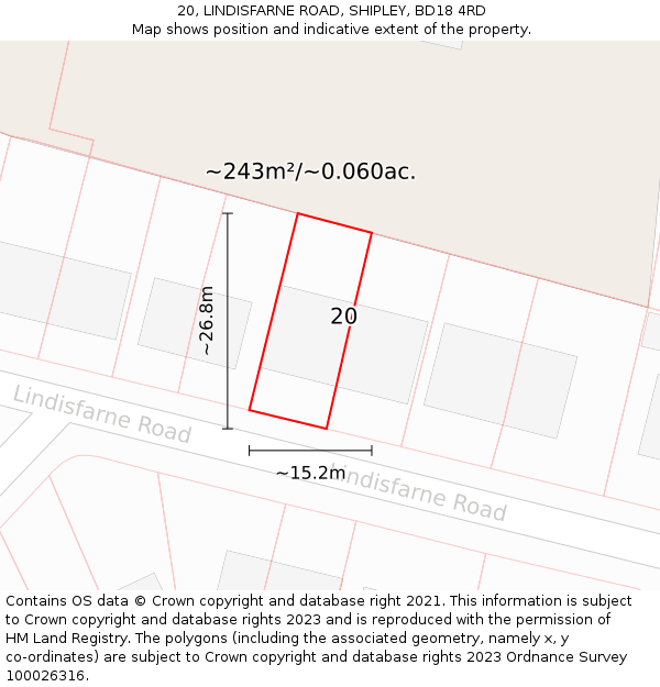 20, LINDISFARNE ROAD, SHIPLEY, BD18 4RD: Plot and title map