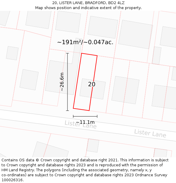 20, LISTER LANE, BRADFORD, BD2 4LZ: Plot and title map