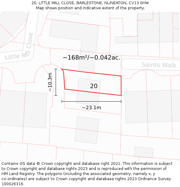 20, LITTLE MILL CLOSE, BARLESTONE, NUNEATON, CV13 0HW: Plot and title map