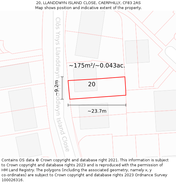 20, LLANDDWYN ISLAND CLOSE, CAERPHILLY, CF83 2AS: Plot and title map