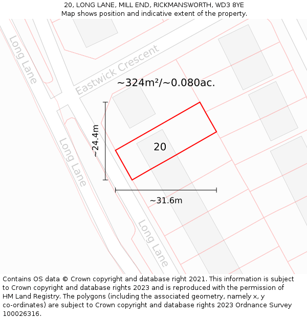 20, LONG LANE, MILL END, RICKMANSWORTH, WD3 8YE: Plot and title map